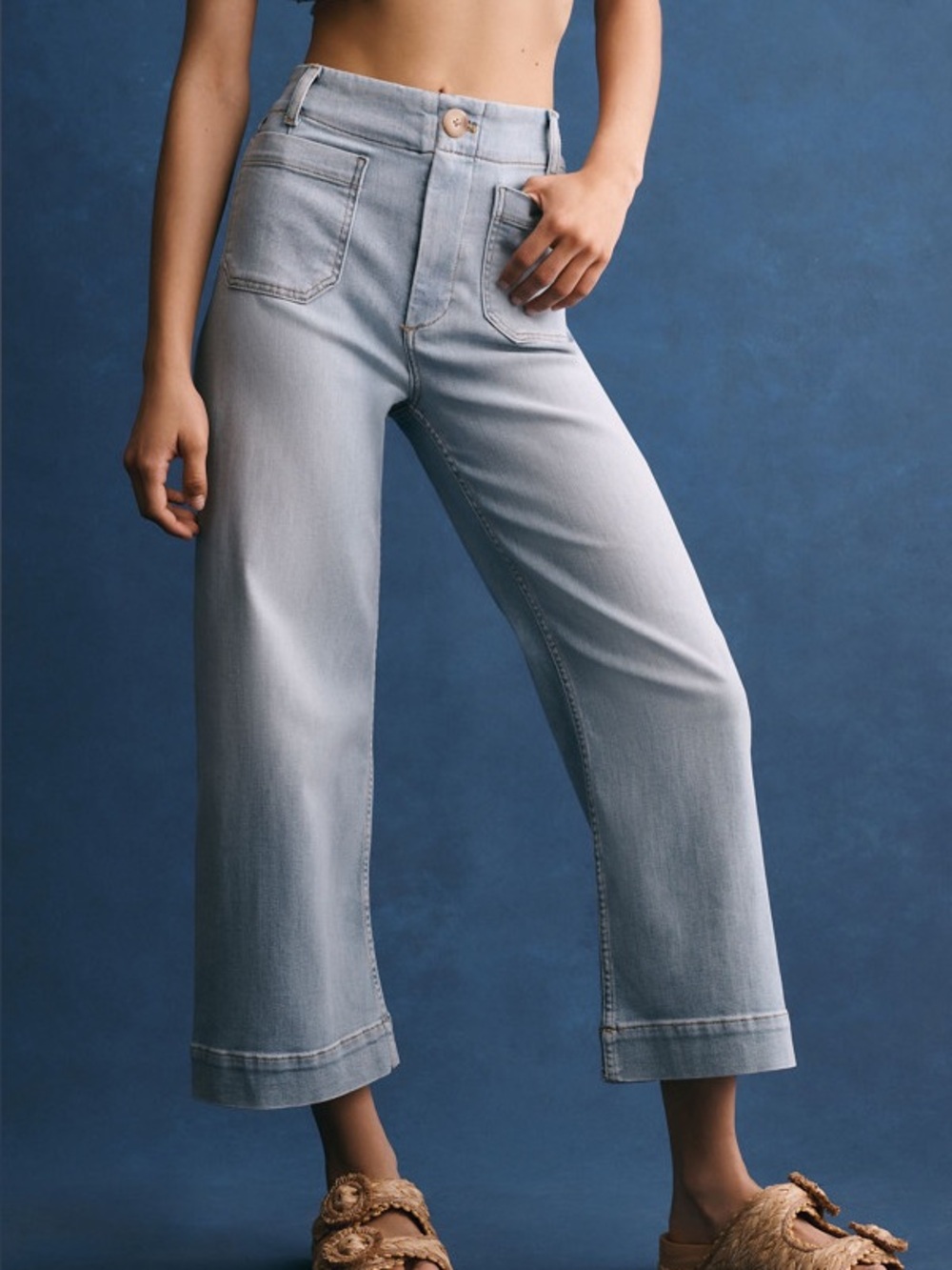Maeve Anthropologie The Colette Crop Wide Leg Patch Pocket Jeans Light Wash 24 P